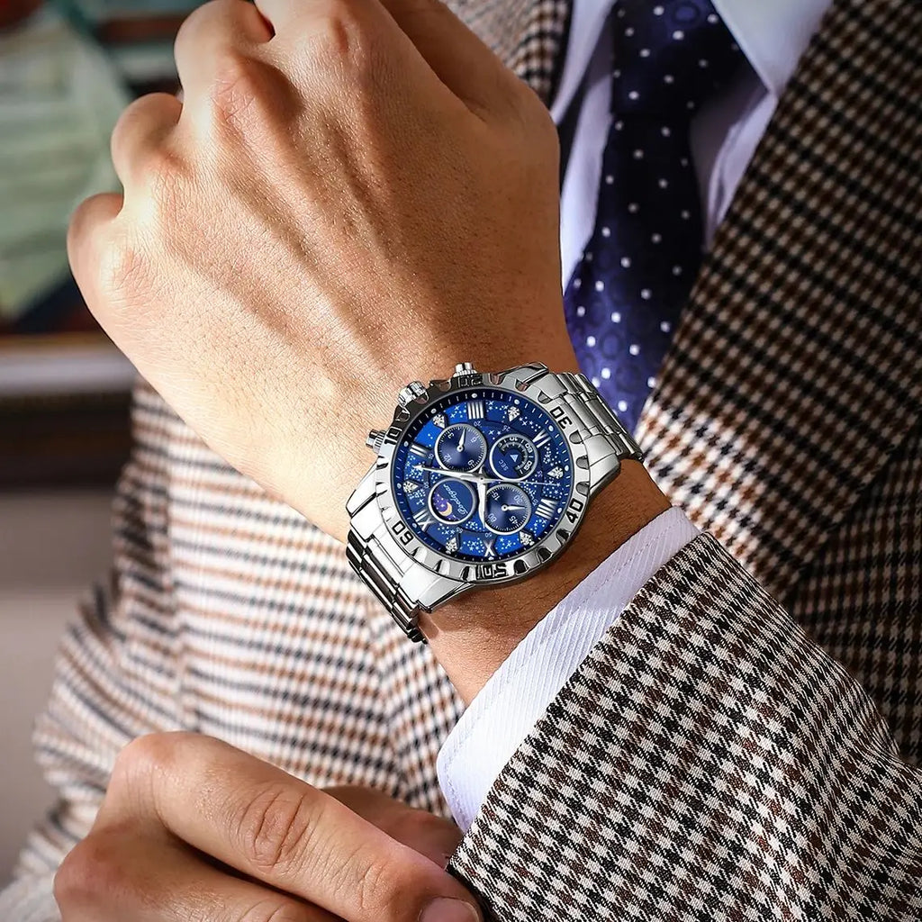 POEDAGAR Luxury Man Wristwatch Waterproof Luminous Chronograph Sports Men Watch Stainless Steel Fashion Quartz Men's Watches+Box