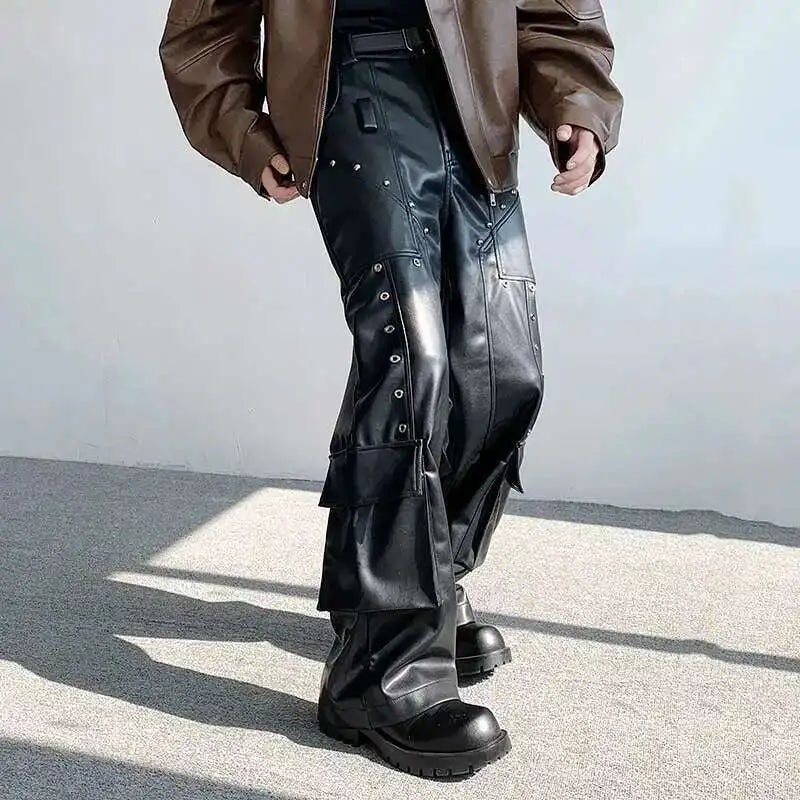 IEFB Spring Men's Leather Trousers Rivet Niche Design PU Casual Pants Solid Color Wide Leg Male Streetwear Niche Design 24X3131