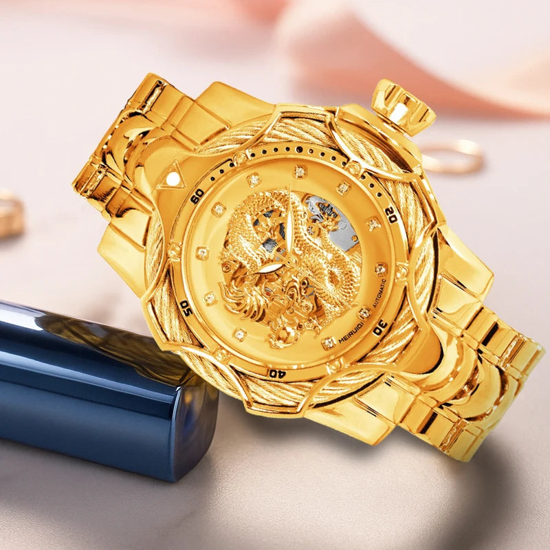 A men's yellow party style elegant dragon shaped carved fully automatic tourbillon mechanical watch