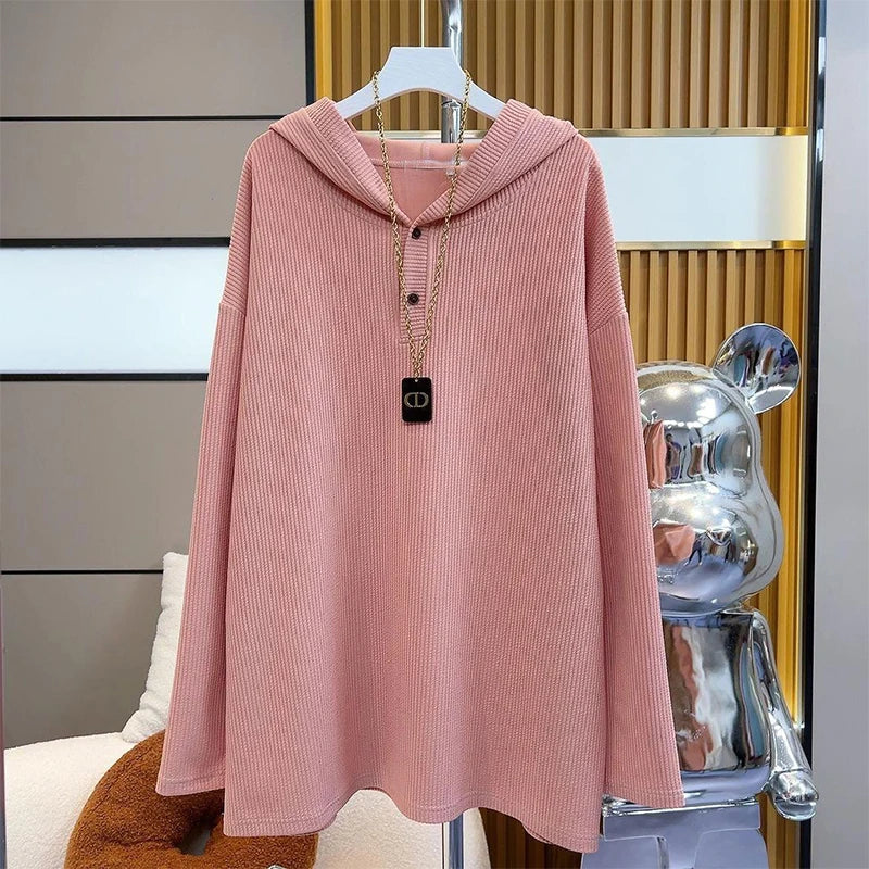 2023 Spring Autumn New Fashion Hooded Button Long Sleeve Hoodies Women Casual Loose Thin Style All-match Mid-length Pullovers
