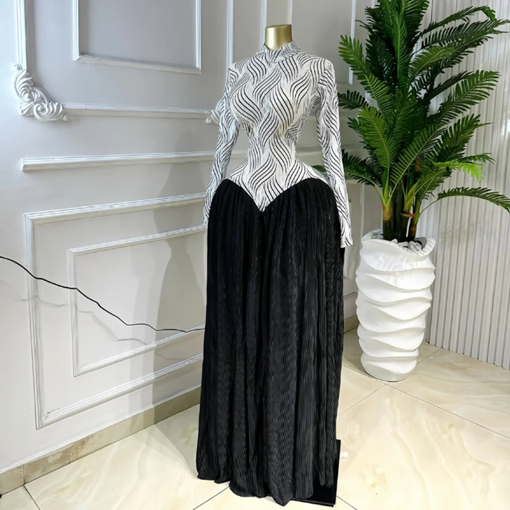 Two Color Patchwork Women Dress Fashion Sheer Mesh Top Long Sleeve Maxi Dress Parties Wear Elegant African Robe with Inner Dress