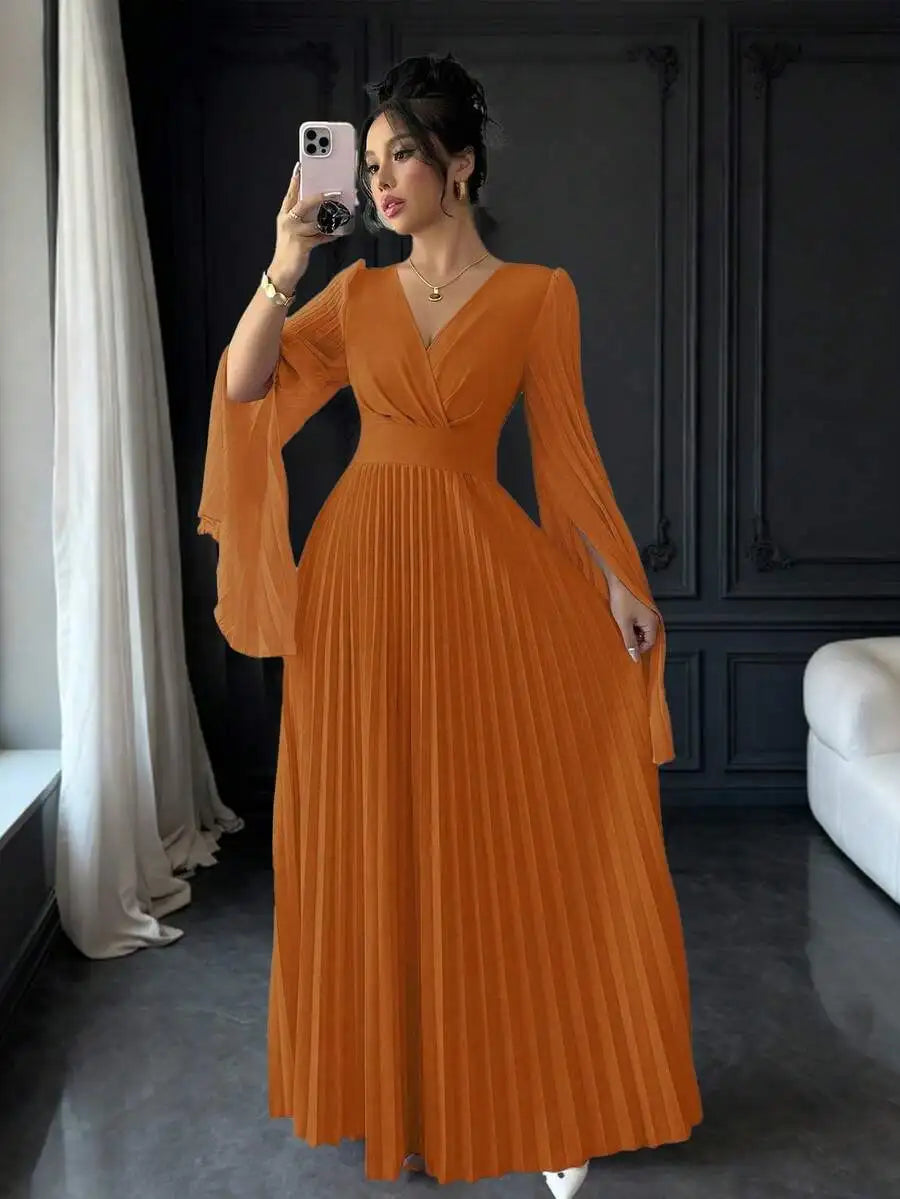 Lavender V-Neck Pleated Maxi Dress with Bell Sleeves Elegant Formal Gown
