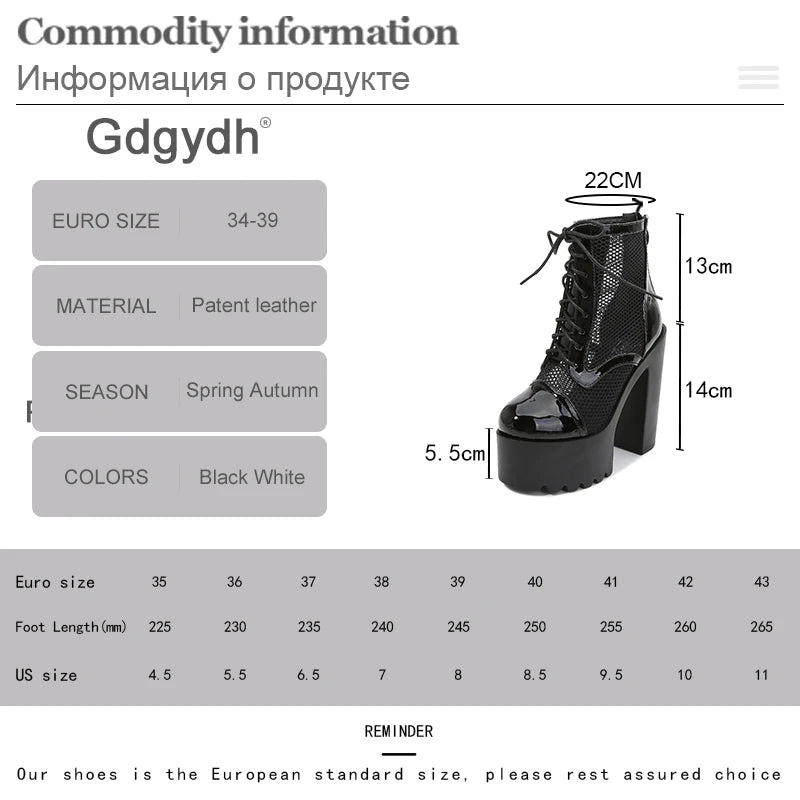 Gdgydh Womens Mesh Breathable High Heel Platform Boots Lace Up and Zipper Sexy Modern Motorcycle Boots Block Heels Punk Style
