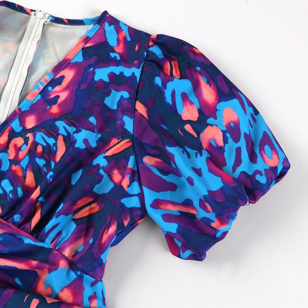 Puffed Short Sleeve Dress Summer Floral Printed V-neck Skinny Dresses
