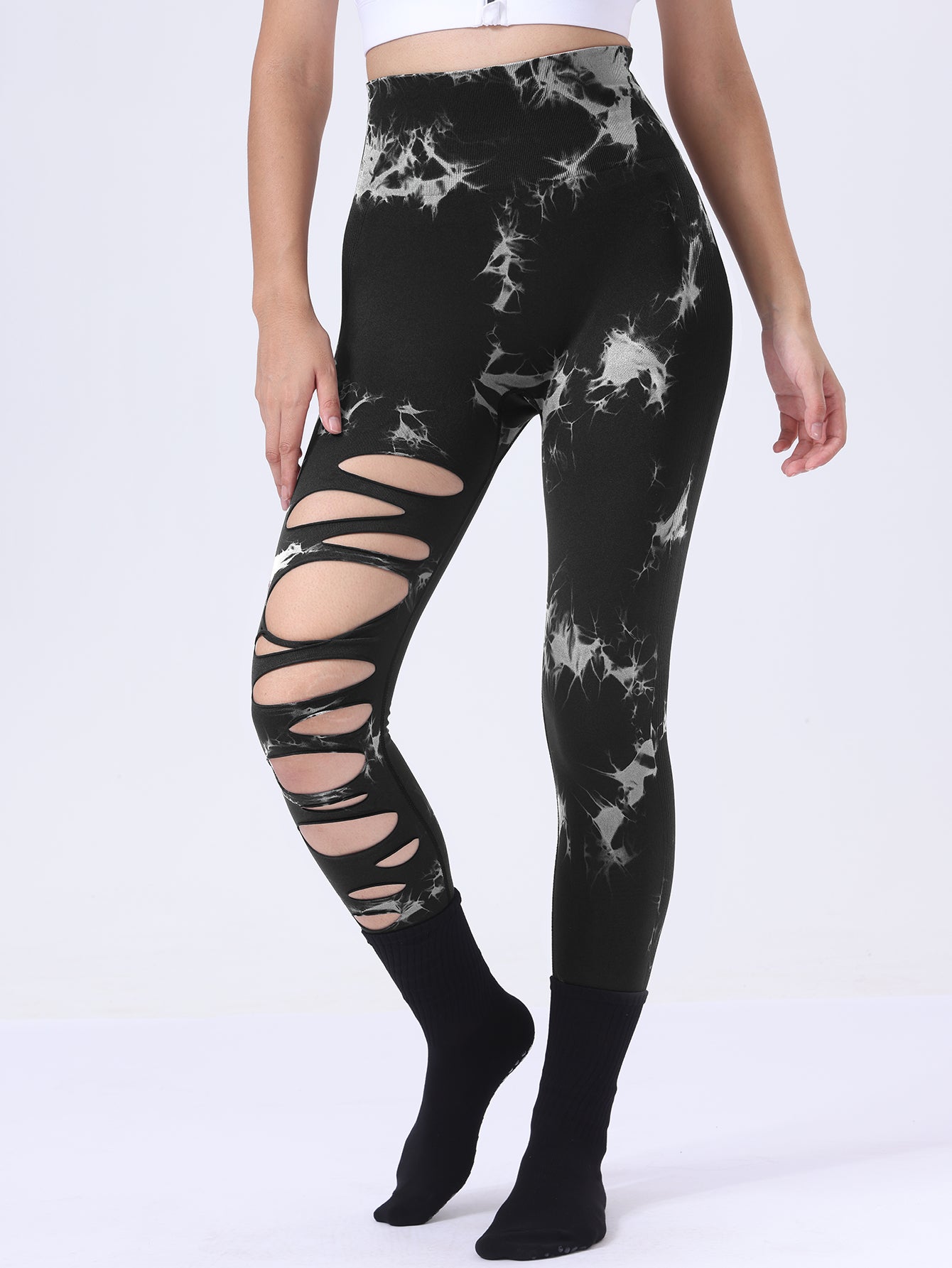 Butt Lifting Yoga Gym Athletic Pants, Hollow Out Tummy Control Sports Leggings Tie Dye Running Pants